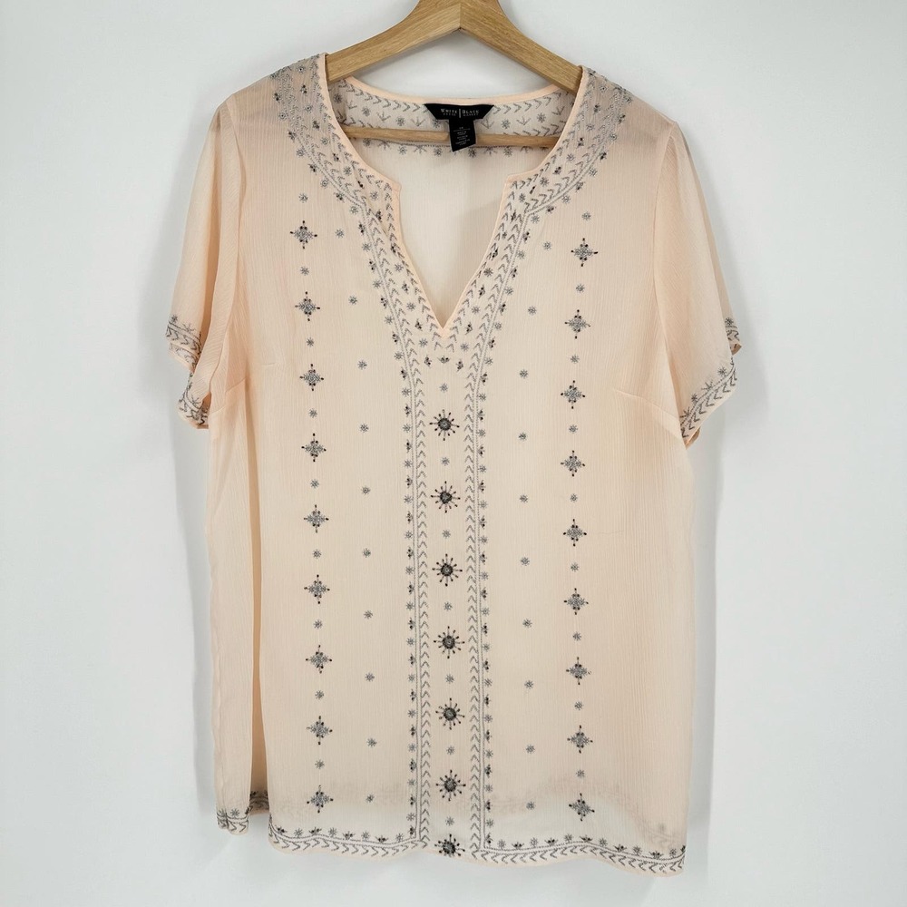 WHBM Blouse Short Sleeve Beaded Pink Sheer Size 14 V neck